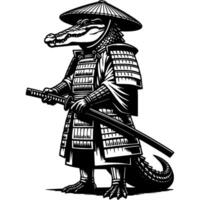 Samurai warrior in armor crocodile stands in fighting stance with katana sword in monochrome. Wild alligator animal. Tattoo minimalistic in black ink drawing on white background vector