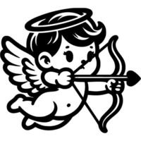 Angel Cupid hovers in air and aims his magic bow in monochrome. Simple minimalistic in black ink drawing on white background vector