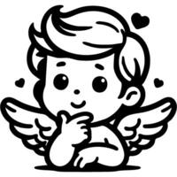 Angel Cupid with wings behind his back thoughtfully holds chin with hand in monochrome. Simple minimalistic in black ink drawing on white background vector
