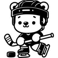 Polar bear cub skates with stick and protective helmet in monochrome. Simple minimalistic in black ink drawing on white background vector