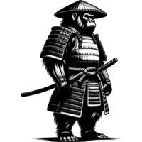 Samurai warrior in armor gorilla stands in fighting stance with katana sword in monochrome. Wild orangutan animal. Tattoo minimalistic in black ink drawing on white background vector