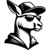 Brutal portrait of an Australian kangaroo in trendy youth glasses and baseball cap in monochrome. Simple minimalistic in black ink drawing on white background vector