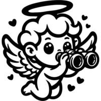 Angel Cupid hovers in air and looks through binoculars choosing his next target in monochrome. Simple minimalistic in black ink drawing on white background vector