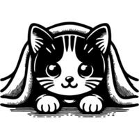 Kitten hid and peeked out from under the blanket in monochrome. Simple minimalistic in black ink drawing on white background vector