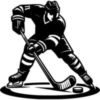 Hockey player in center of field is looking for partner to pass in monochrome. Simple minimalistic in black ink drawing on white background vector