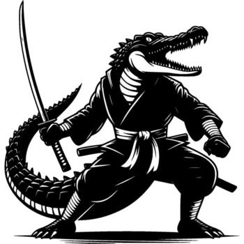 Ninja master alligator in katana sword attacking position in monochrome. Crocodile fighter of secret clan animal roars. Tattoo minimalistic in black ink drawing on white background vector
