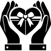Hands of lover is given Valentine Day gift box in shape of heart tied with bow in monochrome. Simple minimalistic in black ink drawing on white background vector
