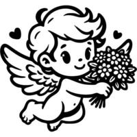 Angel Cupid flies and carries bouquet of flowers in hands in monochrome. Simple minimalistic in black ink drawing on white background vector
