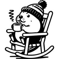 Marmot drinks herbal tea while sitting in rocking chair and gets ready for bed in monochrome. Simple minimalistic in black ink drawing on white background vector