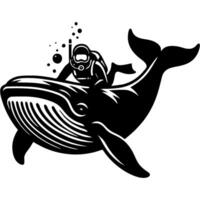 Diver swims and looks at humpback whale in monochrome. Simple minimalistic in black ink drawing on white background vector