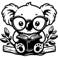 Smart baby koala reading a book wearing glasses sitting on a tree branch in monochrome. Simple minimalistic in black ink drawing on white background vector