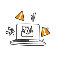an illustration of a laptop with an envelope virus and a warning sign vector