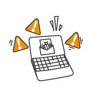 an illustration of a laptop with a paper envelope and a pile of warning signs vector