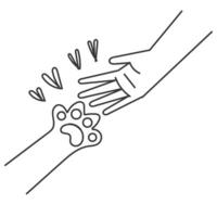 a hand reaching out to a paw with hearts vector