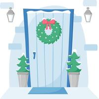 Front door with wreath decoration, entrance with lanterns and Christmas trees in pots in snow, winter illustration in flat style vector
