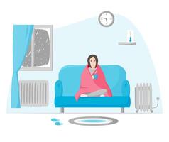 Freezing woman in cold apartment in winter. Girl wrapped in blanket sits on sofa. Using radiator and heater when cold inside. Self isolation on cold depressing weather vector