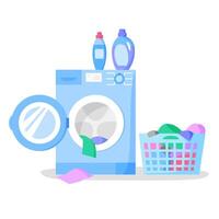 Open washing machine and laundry basket with clothes, bottles with liquid detergents vector