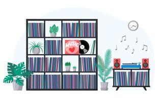 Vinyl collection on shelves and turntable playing vinyl record. Stacks of music records in sleeves. Interior with home plants and retro audio device with acoustic system. Analog music player vector