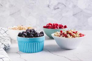 Assorted frozen red, white and black berries in bowls on table photo