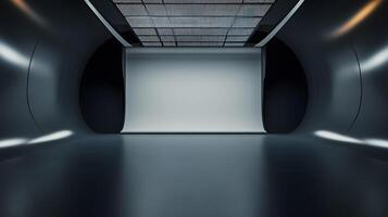 A large empty room with a white wall and a black floor photo