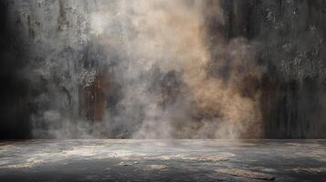 A dark room with a lot of smoke and a large empty space photo