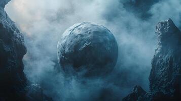 A large, round, blue object is floating in the sky above a rocky mountain range photo