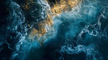The image is of a body of water with a blue and gold color photo