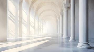 A large, empty room with white pillars and a lot of light photo