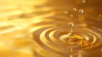 A drop of water falls into a pool of golden liquid photo