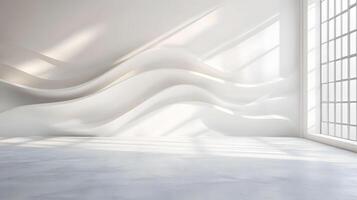 A white room with a window and a wall with a wave pattern photo