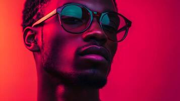 A man with glasses is standing in front of a red background photo