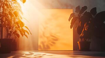A square white frame with a shadow of a plant on it photo
