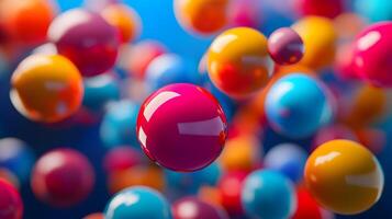 A colorful array of balls in the air, with one red ball in the center photo