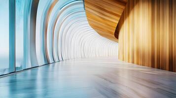 A large, empty room with a wooden wall and a glass wall photo