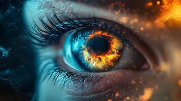 A close up of a person's eye with a blue iris and a red flame in the center photo
