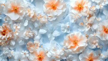 A close up of a bunch of white flowers with a blue background photo