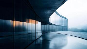 A long, curved building with many windows reflecting the sky photo