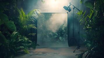 A dark room with a large green screen and a light shining on it photo