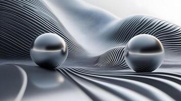 Two shiny silver spheres are floating on a wave of water photo