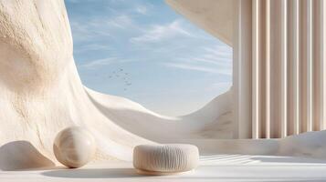 A white and grey sculpture of a person is sitting on a white rock photo
