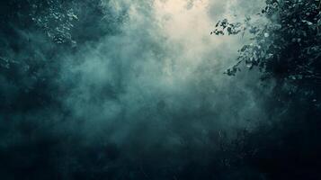 A dark, cloudy sky with trees in the background photo