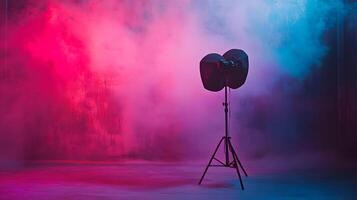 A camera is set up in front of a wall with purple and blue smoke photo