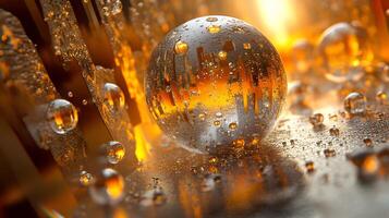 A shiny, reflective ball with a few drops of water on it photo