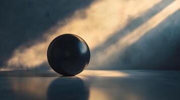 A black ball is sitting on a table in front of a window photo