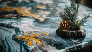 A small pine tree sits on a wooden log on a table photo