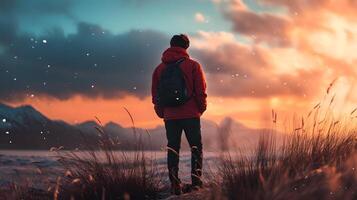 A man wearing a red jacket and backpack stands in a field of tall grass photo