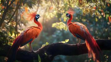Two birds with red feathers are perched on a branch photo