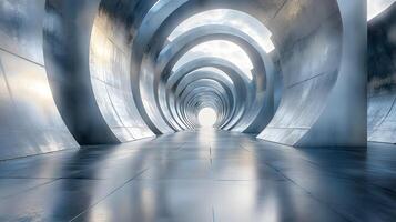 A large, empty, and shiny tunnel with a light shining through it photo