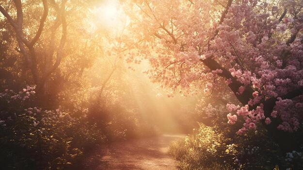 A path through a forest with a tree in the middle photo