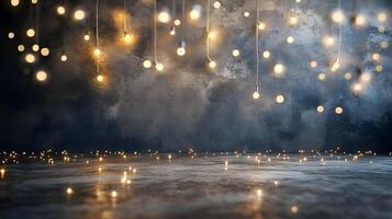 A dark room with a large number of lights hanging from the ceiling photo